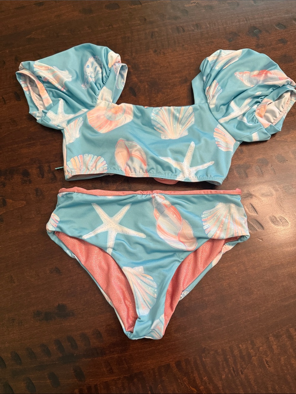 Girls Puff-Sleeve Two-Piece Swim Bikini in Light Blue with Coral Shell Print